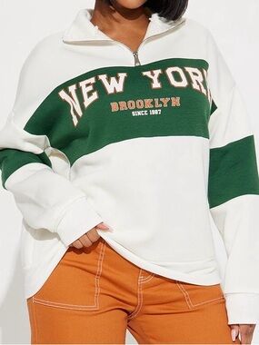 New York Brooklyn Half-Zip Pullover Sweatshirt - White & Green